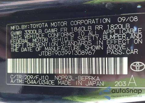 2009 Toyota Yaris from USA, damaged, VIN JTDBT903991308967